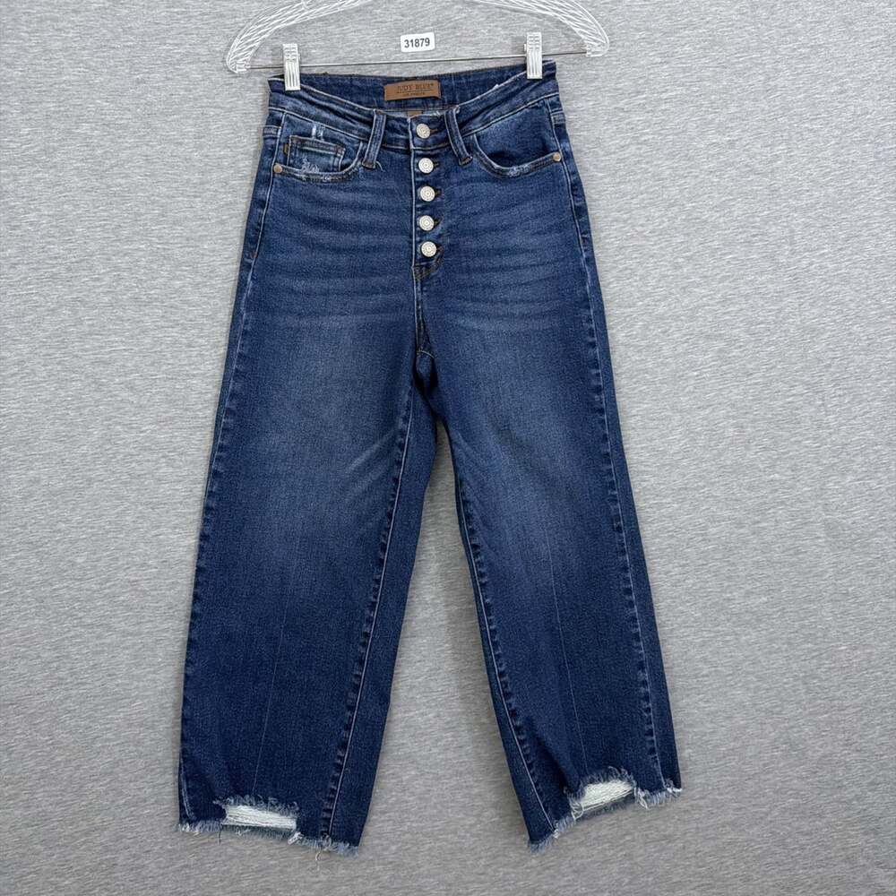 Judy Blue Womens 3/26 High Rise Button Fly Wide Leg Jeans Raw Hem